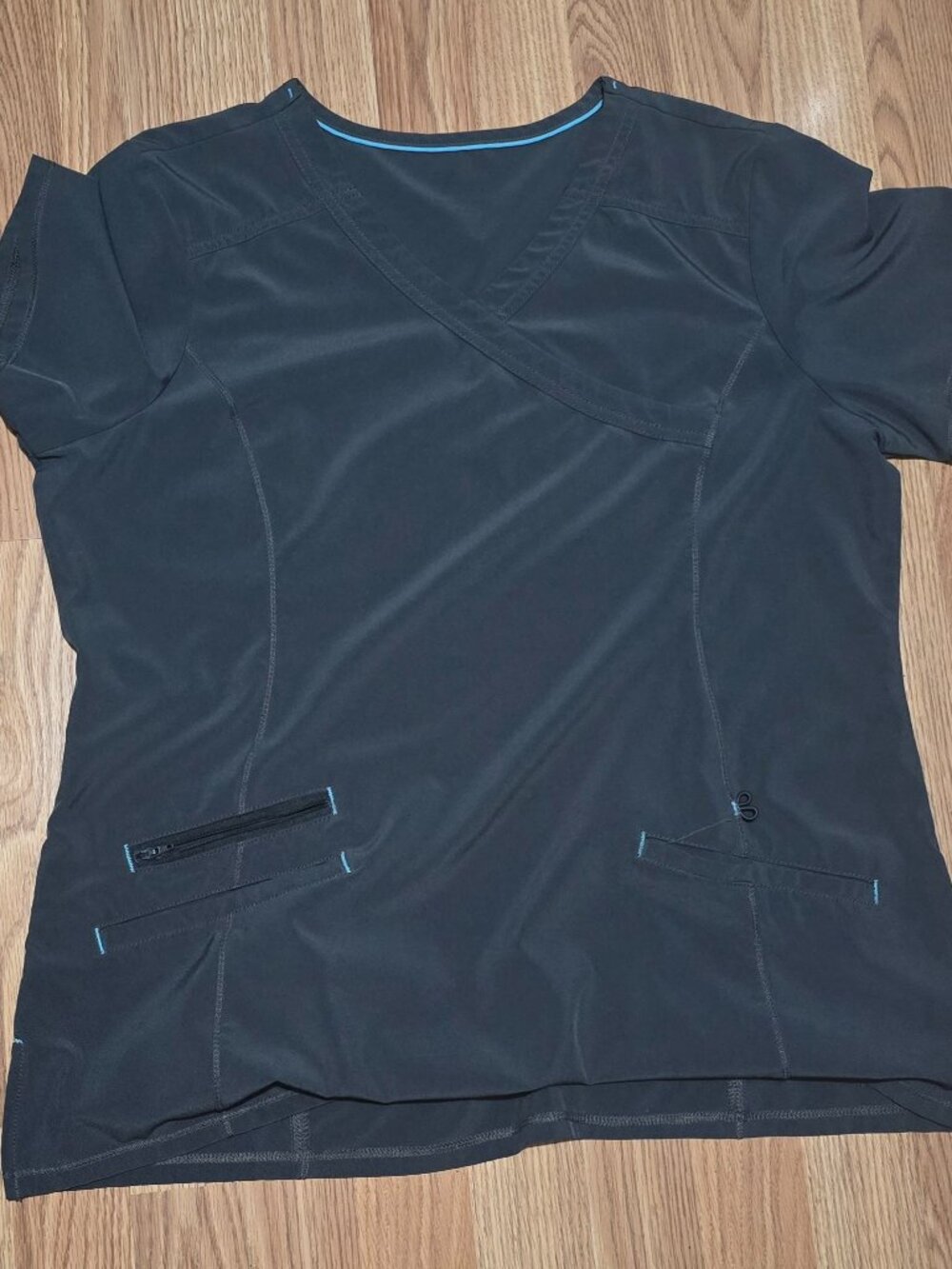 Scrubstar Scrub Set Size L Solid Gray w Aqua Accents Work Uniform Stretchy Used